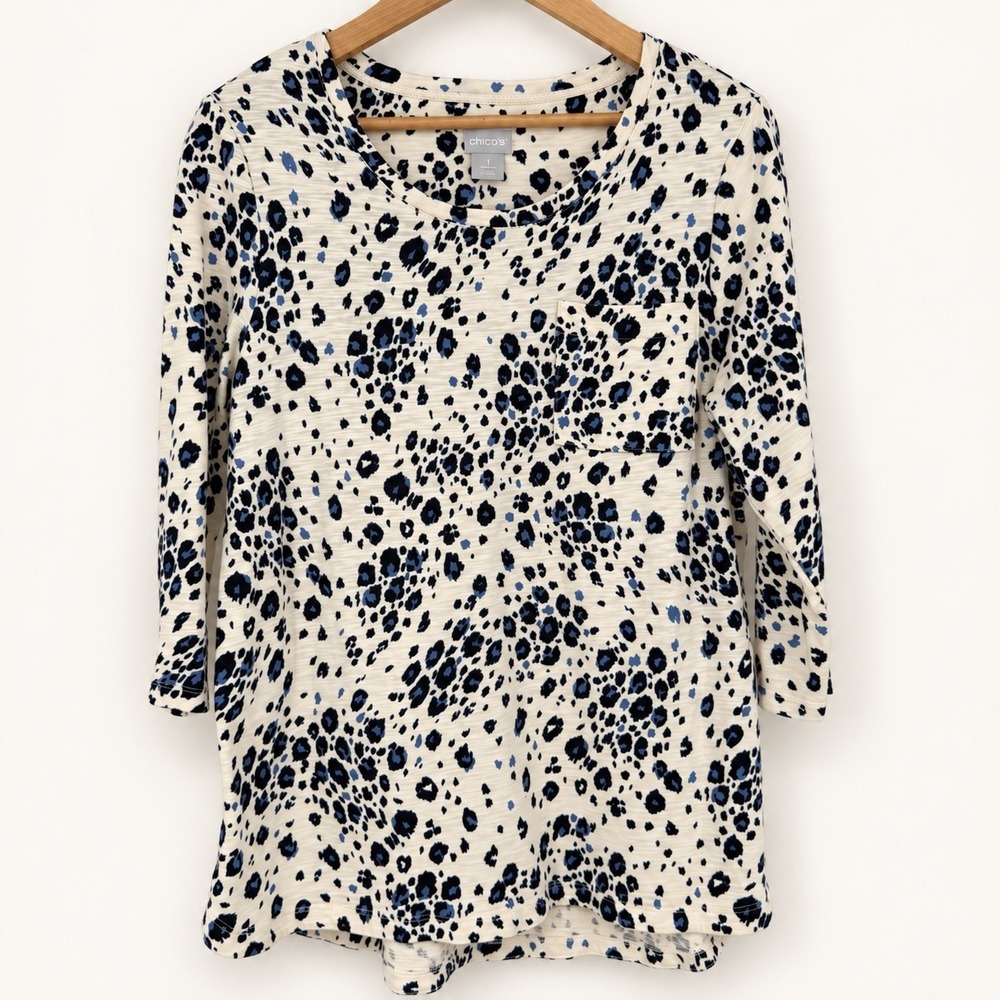 Chico's 1 or Medium Leopard Print 3/4 Sleeve Shirt Slub Knit Travel Artsy Safari